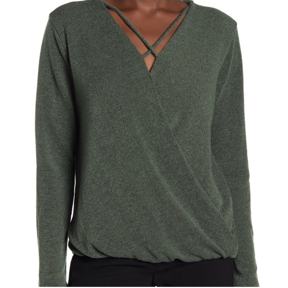 Pleione Olive Green Criss Cross V Neck Long Sleeve Wrap Sweater Women’s Size S